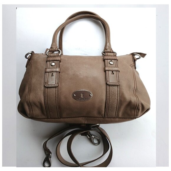 VTG Fossil Maddox Classic Taupe Leather Satchel HandBag Tote with Shoulder Strap - Picture 1 of 13